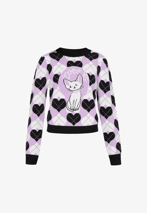 Maglione lavorato a maglia in lavanda, nero e bianco. Presenta motivi a cuore e una grafica centrale di un gatto. Collo e polsini a coste neri.