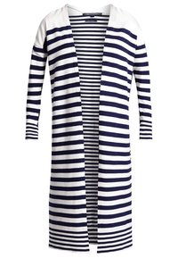 Námořnický a bílý pruhovaný dlouhý kardigan s otevřeným předním dílem, ¾ rukávy, měkká látka a horizontální pruhy, s uvolněným střihem.