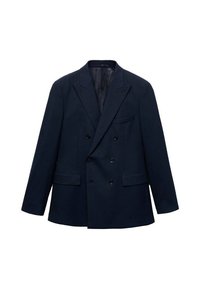 Double-breasted navy blue blazer with notch lapels, four front pockets, and black buttons, shown on a white background.