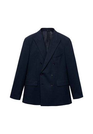 Double-breasted navy blue blazer with notch lapels, four front pockets, and black buttons, shown on a white background.