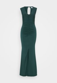 Dark green, sleeveless dress with ruched bodice, keyhole back, and front slit. Smooth fabric with a fitted silhouette, floor-length design.