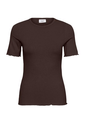 Brown ribbed short-sleeve fitted top with round neckline and slight ruffle edges on sleeves and hem, labeled "Saint" inside collar.
