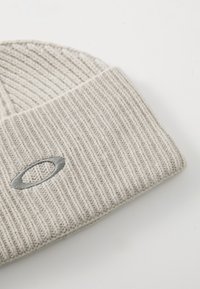 Jasnoszara, dziana czapka beanie o prążkowanej strukturze. Posiada podwinięty mankiet oraz wyszywane logo w kolorze srebrnym z przodu.