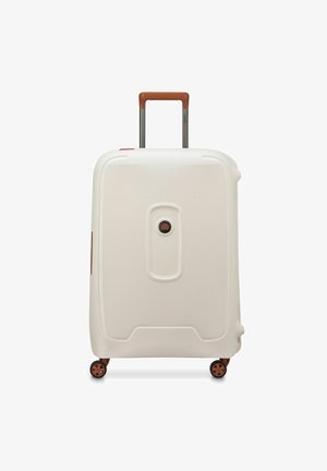 Hard-shell white suitcase with a textured surface, brown handle, and brown wheels. Features a central lock and streamlined design.