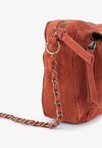 Kleine handtas van roestkleurig suède met slangenhuidtextuur, ritssluiting, decoratieve suède kwast en kettingriem met suède vlechtwerk.