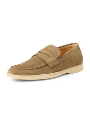 Tan suede loafer with a moc toe design, strap detail across the front, and a light beige rubber sole.