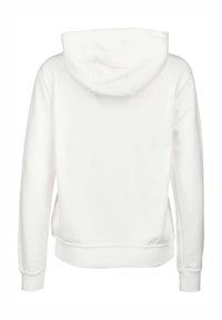 Sweatshirt à capuche blanc avec une poche kangourou sur le devant, des poignets et un ourlet côtelés. Tissu doux, texture lisse et design simple sans motifs.