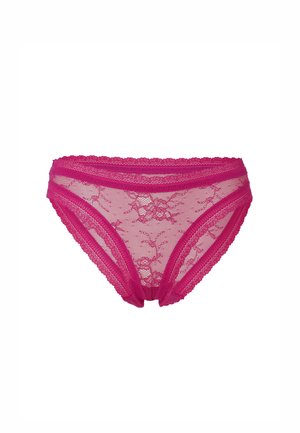 Perizomi di pizzo rosa con motivi floreali, rifiniture delicate e una trama trasparente, dal design a vita media.