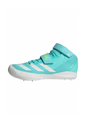 Turquoise athletic shoe with white stripes, secure lace and Velcro strap, reinforced toe, and spike outsole for traction.