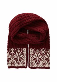 Strickschal in tiefburgunder mit einem strukturierten, geflochtenen Design und einem cremefarbenen Schneeflockenmuster an den Enden. Weiches Wollmischmaterial.