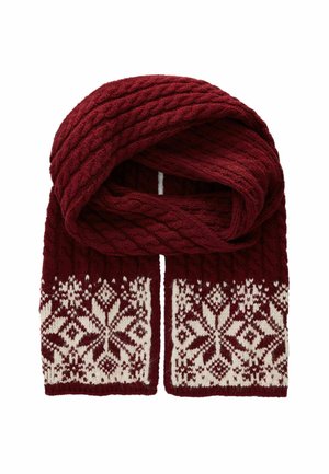 Strickschal in tiefburgunder mit einem strukturierten, geflochtenen Design und einem cremefarbenen Schneeflockenmuster an den Enden. Weiches Wollmischmaterial.