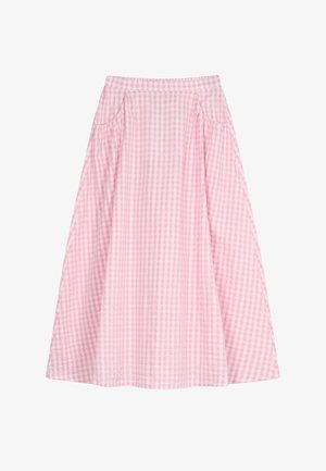 A-lijn midi rok in roze-wit geruit patroon met hoge taille en zijzakken.