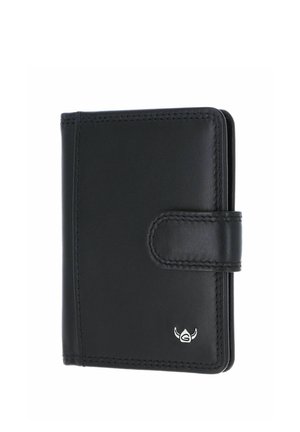 Portefeuille en cuir noir avec bords cousus et fermeture à pression, avec un petit emblème argenté en bas à droite.