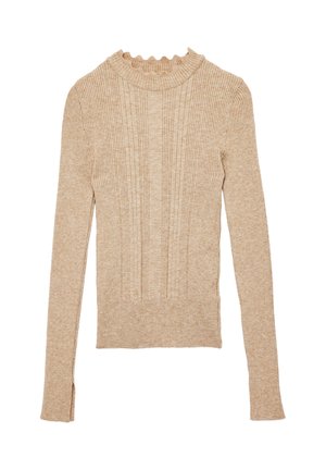 Suéter de punto beige con textura acanalada, mangas largas, cuello con bordes en forma de concha y rayas verticales. Presenta aberturas laterales en el dobladillo.
