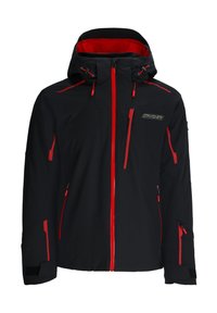 Schwarze wasserdichte Jacke mit roten Akzenten, ausgestattet mit einer Kapuze, Reißverschlusstaschen und verstellbaren Bündchen. Hergestellt aus robustem, flexiblem Material.