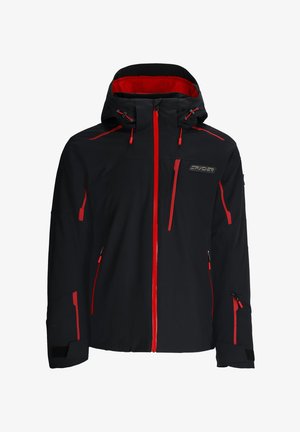 Giacca impermeabile nera con dettagli rossi, dotata di cappuccio, tasche con zip e polsini regolabili. Realizzata con materiale durevole e flessibile.