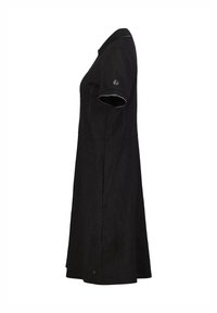 Robe noire à manches courtes, en tissu texturé, avec un col et une coupe décontractée. Elle dispose d'une fente sur le côté et de détails de couture subtils.