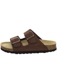Brown two-buckle sandal with a textured synthetic upper, a cork footbed, and a textured black rubber outsole. Open design with cutouts.