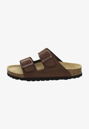 Brown two-buckle sandal with a textured synthetic upper, a cork footbed, and a textured black rubber outsole. Open design with cutouts.
