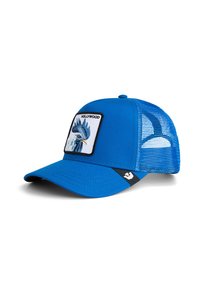 Blue trucker cap with a mesh back, featuring a rectangular patch of a blue bird and the word "HOLLYWOOD" in black embroidery.