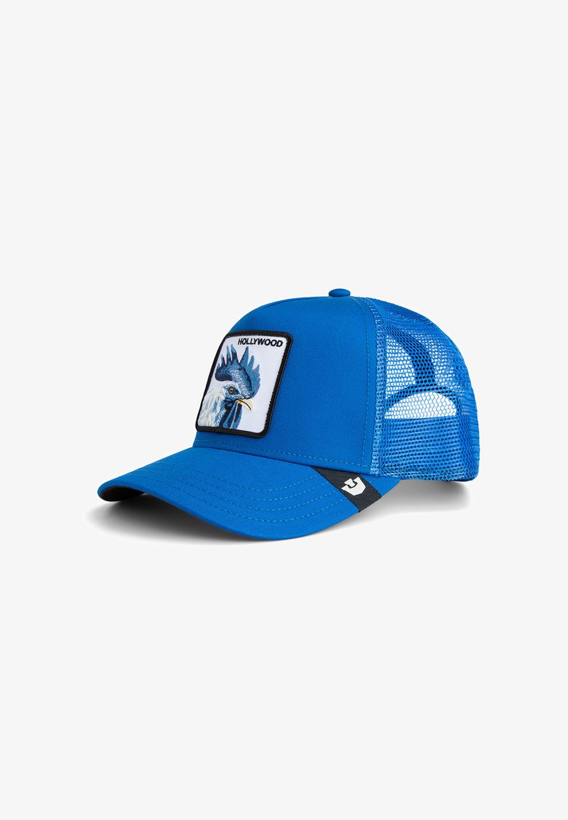 Blue trucker cap with a mesh back, featuring a rectangular patch of a blue bird and the word "HOLLYWOOD" in black embroidery.