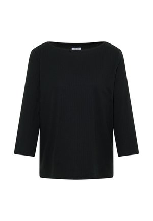 Zwarte geribde top met een vierkante halslijn en driekwartmouwen. Gemaakt van een flexibele stof. Geen zichtbare patronen of accenten.