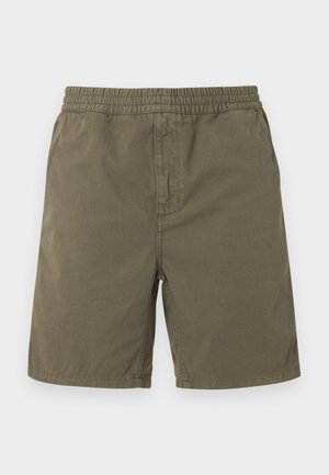 Neformální šortky olivově zelené barvy s pružným pasem a bočními kapsami, zobrazené na světle šedém pozadí.