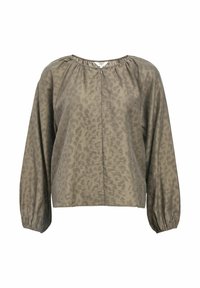 Blouse en imprimé léopard kaki avec de longues manches bouffantes, un col rond et une fermeture éclair centrale. Tissu léger et lisse avec une texture subtile.