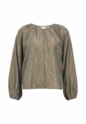 Khaki leopardiprintiga pluus piklike, puffevarrukatega, ümarate kaelustega ja keskse lukuga. Kerge, sile materjal, millel on peen tekstuur.