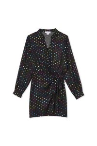 Fekete, hosszú ujjú ruha gombos elülső résszel és deréknál megkötővel. A szöveten különböző méretű, színes pöttyök találhatók.