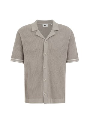 Béžový krátky pletený kardigán s krátkym rukávom, textúrovaným vzorom, zapínaním na gombíky, golierom a manžetami s bielymi pruhmi.