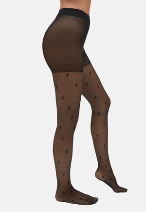 T medias negras transparentes con un acabado mate, que presentan un patrón de pequeños iconos negros a lo largo de la pierna y una cinturilla negra sólida.