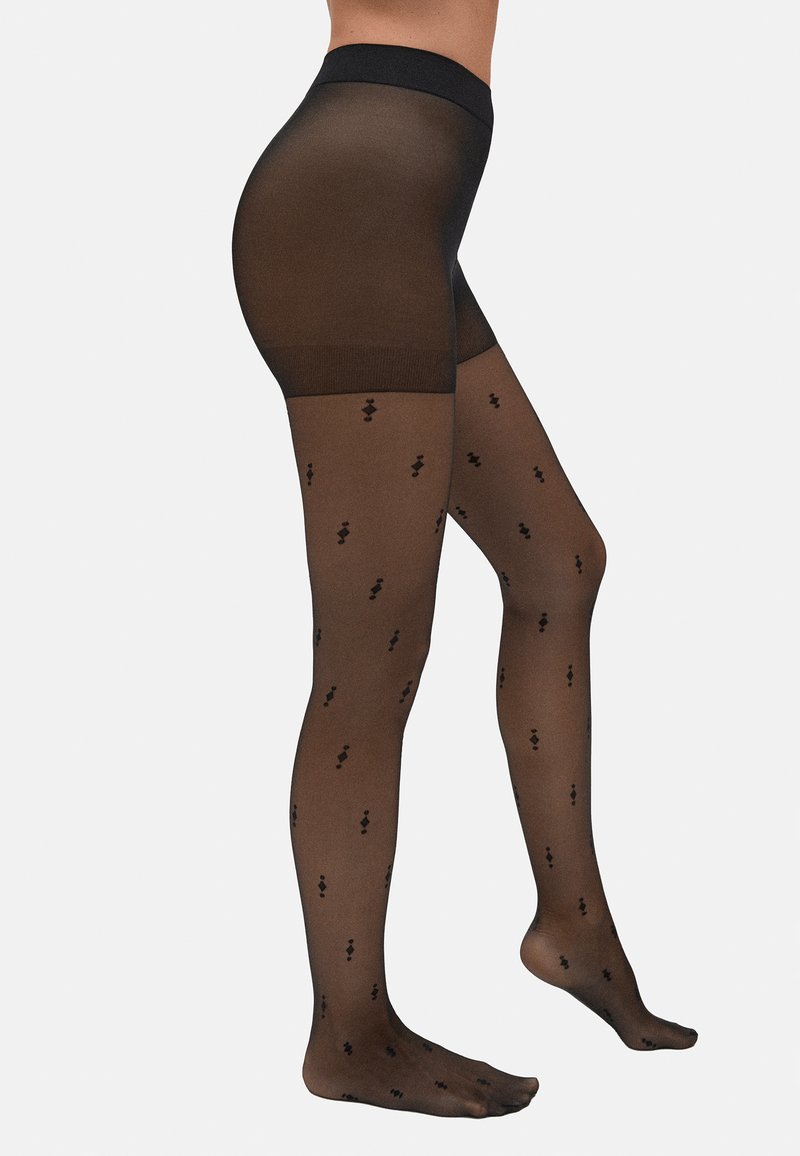 T medias negras transparentes con un acabado mate, que presentan un patrón de pequeños iconos negros a lo largo de la pierna y una cinturilla negra sólida.