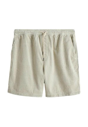 Beige und weiß vertikal gestreifte Freizeitshorts mit elastischem Bund und Kordelzug, mit Seitentaschen.