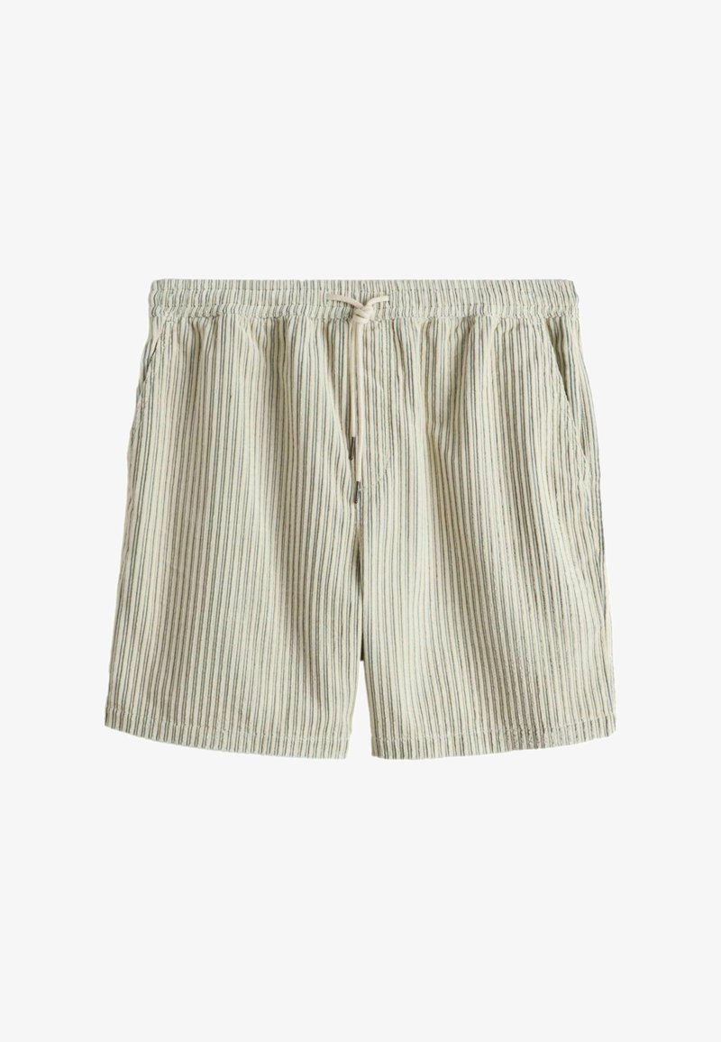 Beige and white vertical striped casual shorts with elastic waistband and drawstring, featuring side pockets.
