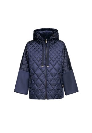 Navy quilted jacket with a hood, featuring a zip closure, oversized sleeves, and textured diamond pattern on the body. Smooth fabric accents.