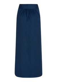 Gonna blu navy, di lunghezza al ginocchio, realizzata in tessuto morbido. La vita elastica si arriccia nella parte superiore con una texture sottile e liscia. Nessun motivo visibile.