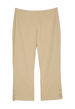 Pantaloni beige con una vestibilità rilassata, presentano dettagli in pizzo sui polsini, una texture liscia, una forma dritta e una vita elasticizzata.