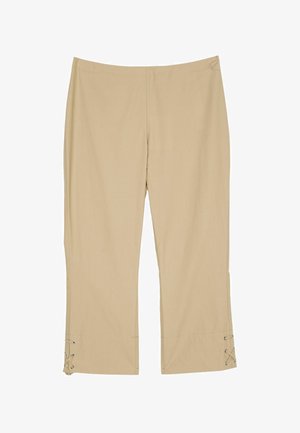 Pantaloni beige con una vestibilità rilassata, presentano dettagli in pizzo sui polsini, una texture liscia, una forma dritta e una vita elasticizzata.