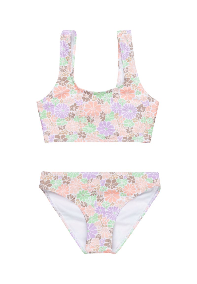 Girls' two-piece swimsuit with a floral pattern in pastel colors of orange, green, purple, and brown; soft fabric with wide straps and a lined bottom.