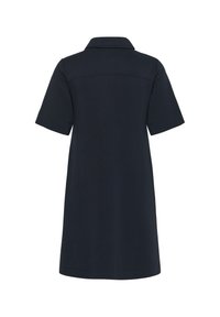 Robe bleu marine foncé à manches courtes avec col, coupe droite et détail de couture au niveau du haut du dos, vue de dos sur fond blanc.