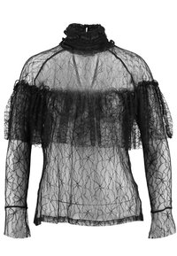 Sort gennemsigtig blonde top med lange ærmer og blomsterprint, rynket høj hals, off-shoulder flæse-detalje og fitted manchetter.