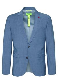 Men's light blue blazer, textured fabric, single-breasted design, two buttons, notch lapel, interior pocket, green label, red embroidered detail.