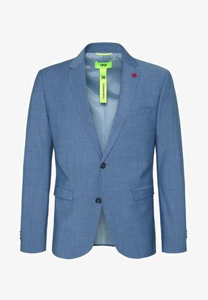 Männer Blazer in Hellblau, strukturierter Stoff, einreihiges Design, zwei Knöpfe, Reverskragen, Innentasche, grünes Etikett, rote bestickte Details.