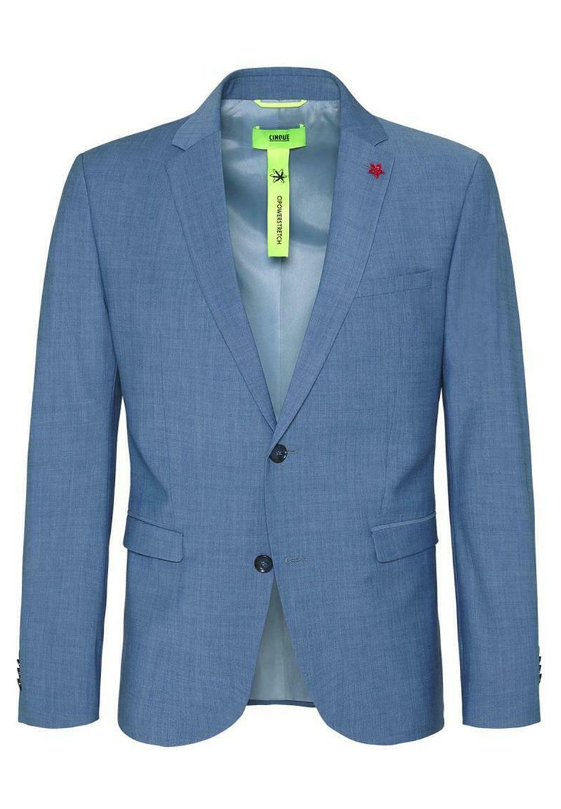 Men's light blue blazer, textured fabric, single-breasted design, two buttons, notch lapel, interior pocket, green label, red embroidered detail.