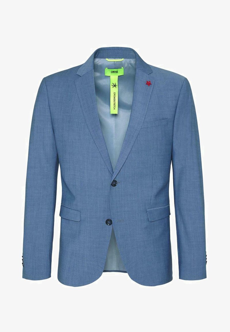 Men's light blue blazer, textured fabric, single-breasted design, two buttons, notch lapel, interior pocket, green label, red embroidered detail.