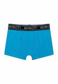 Plave pamučne bokserice s crnim pojasom s natpisom "MINOTI" u bijelom, dizajnirane s prednjim džepom i otvorima za noge.