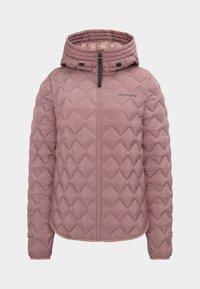 Vadderad jacka i ljus mauve med en diamant quiltad mönster, huva, fullständig framdragkedja och tonad logotyp på bröstet. Mjuk textur och figursydd form.