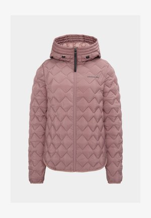 Gepolsterte Jacke in hellem Mauve mit einem Rautenmuster, Kapuze, durchgehendem Reißverschluss und tonalem Logo auf der Brust. Weiche Textur und figurnahe Passform.