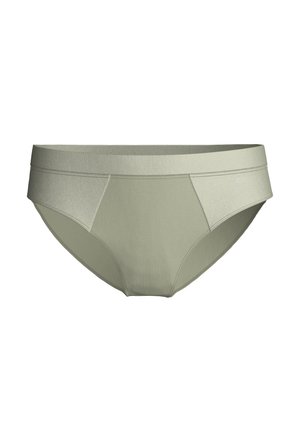 Light green cotton brief underwear with a smooth texture, wide elastic waistband, and stitched detailing along the edges.